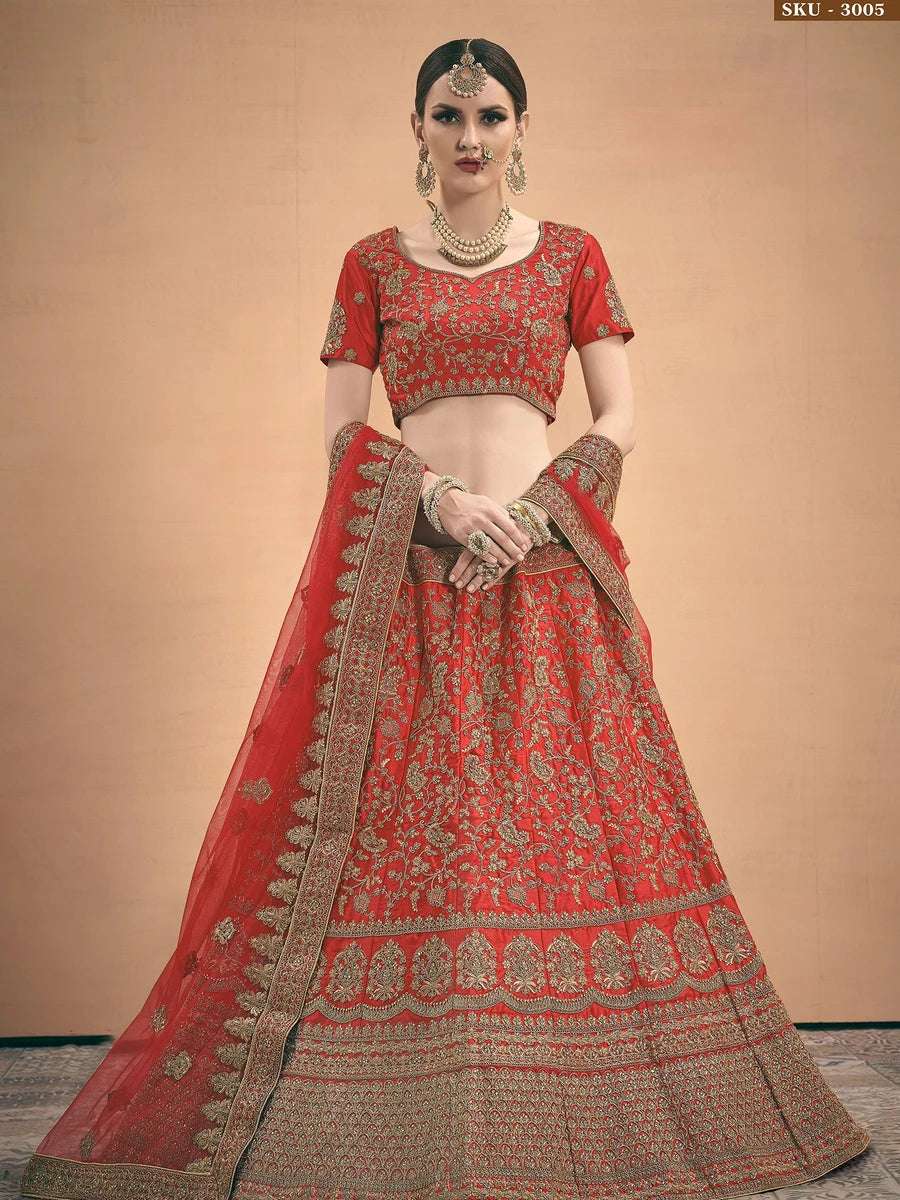 Coral Red Lehenga Choli Satin Fabric | Perfect for Festive Wear