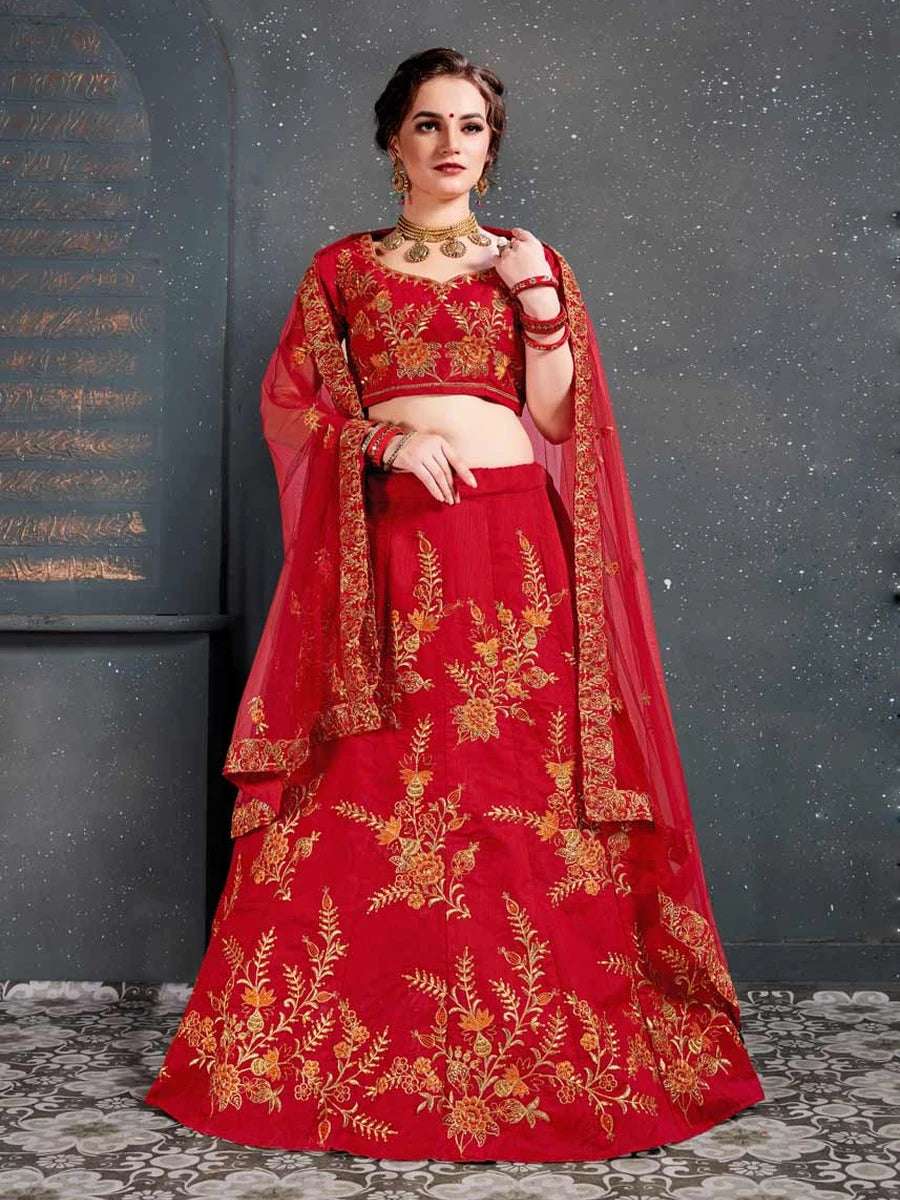 Party Wear Red Lehenga | Exquisite Thread & Zari Work  Soft Net Dupatta