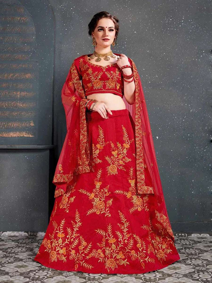 Party Wear Red Lehenga | Exquisite Thread & Zari Work  Soft Net Dupatta