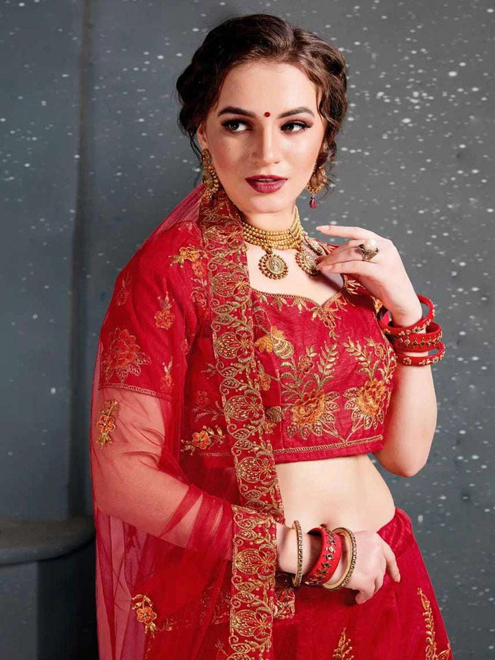 Party Wear Red Lehenga | Exquisite Thread & Zari Work  Soft Net Dupatta