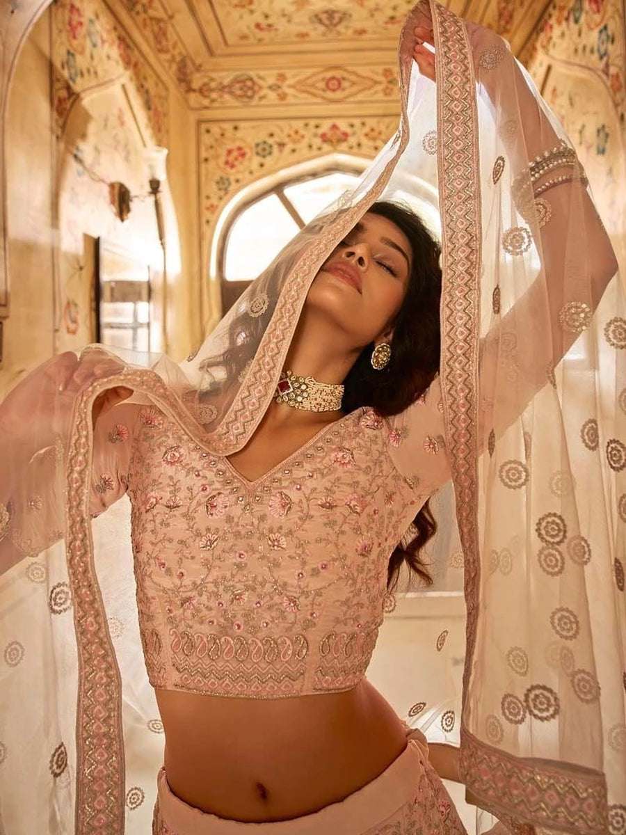Stunning Peach Lehenga Set | Zarkan & Zari Embroidery  Crepe Fabric