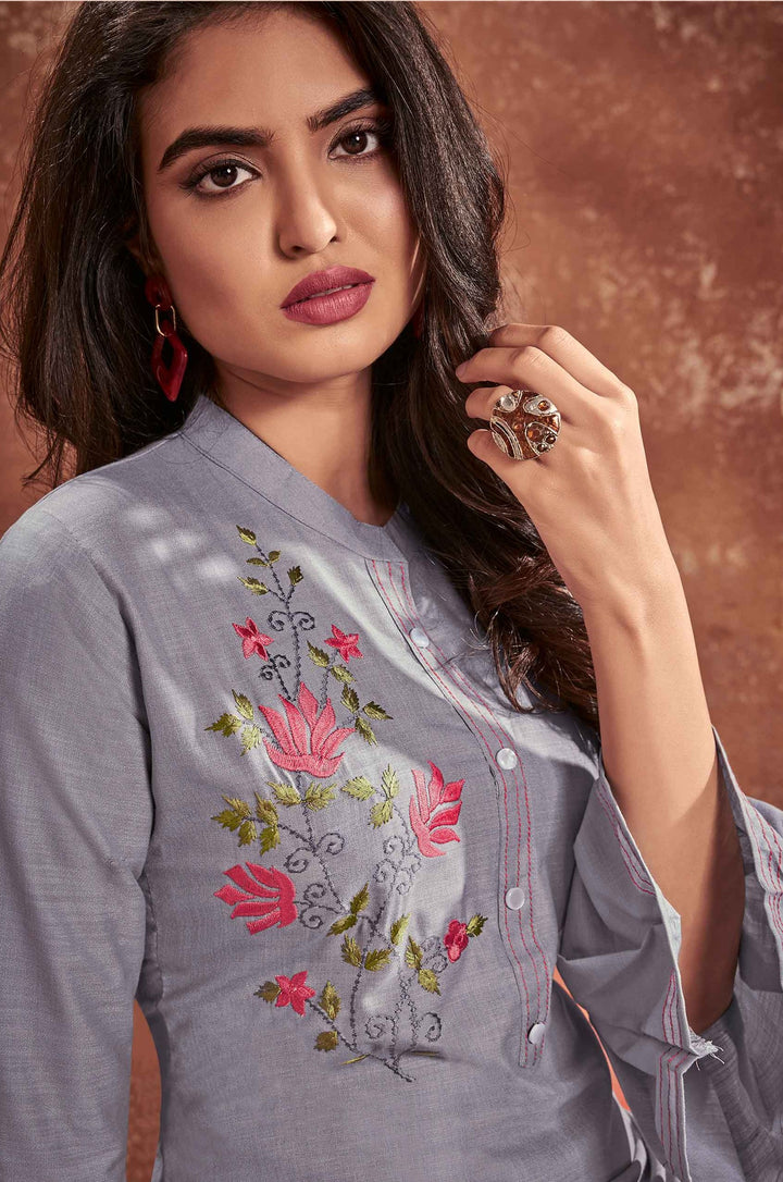 Elegant Grey Cotton Kurti | Festive Wear Kurti with Unique Embroidery