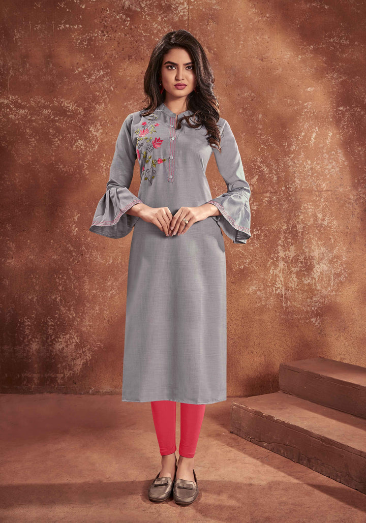 Elegant Grey Cotton Kurti | Festive Wear Kurti with Unique Embroidery