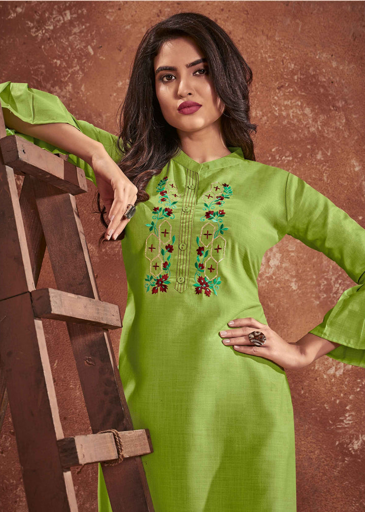 Elegant Green Cotton Kurti | Heavy Embroidered Festive Kurti for Women