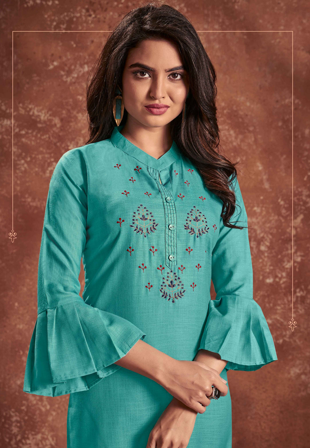 Teal Blue Embroidered Kurti | Designer Cotton Kurti with Balloon Sleeves