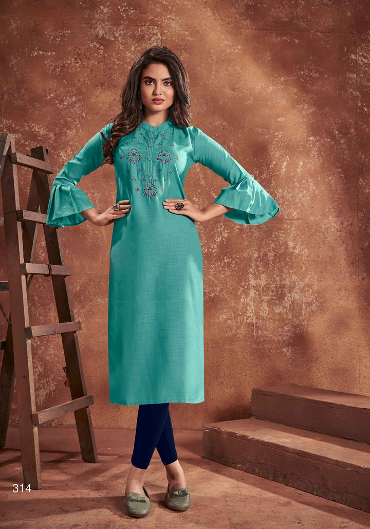 Teal Blue Embroidered Kurti | Designer Cotton Kurti with Balloon Sleeves