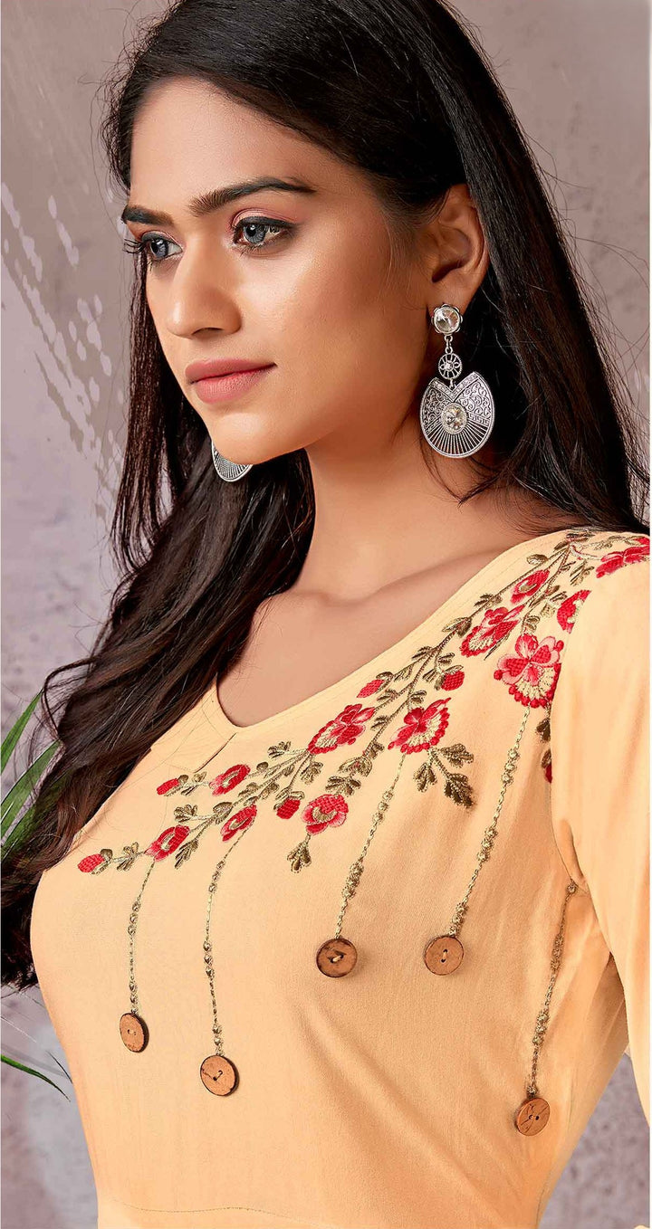 Resham & Zari Work Pure Cream Kurta | Party Wear Kurti for Women