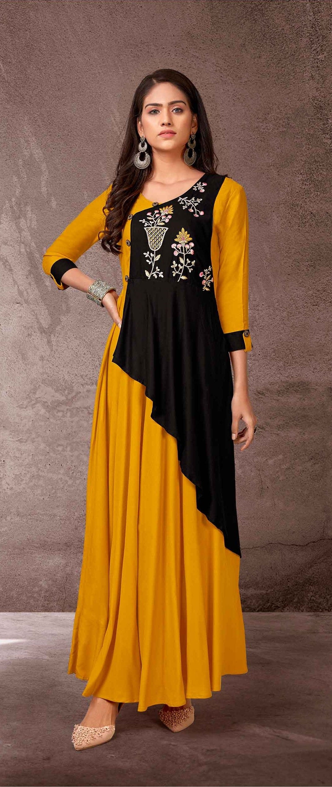 Elegant Yellow Embroidered Kurta | Rayon with Floral Embroidery