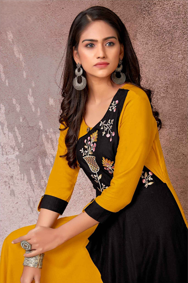 Elegant Yellow Embroidered Kurta | Rayon with Floral Embroidery