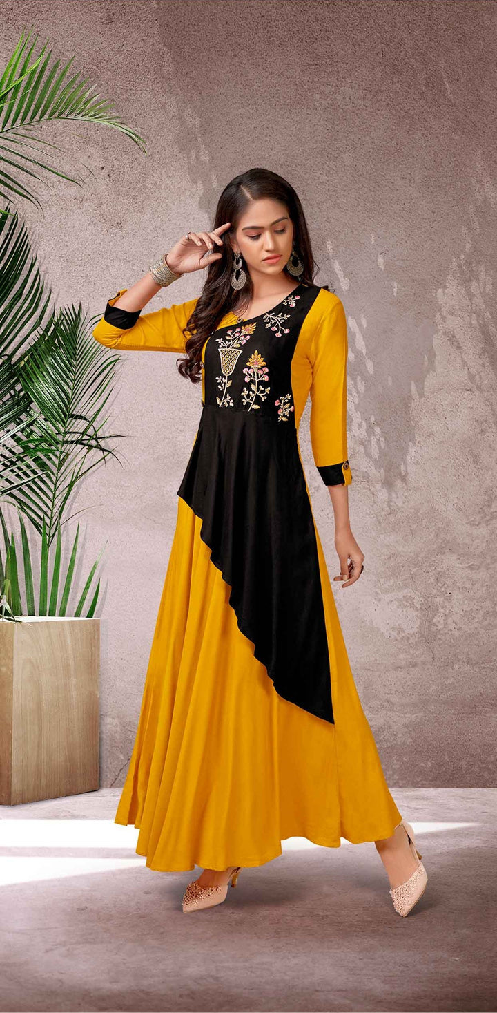 Elegant Yellow Embroidered Kurta | Rayon with Floral Embroidery