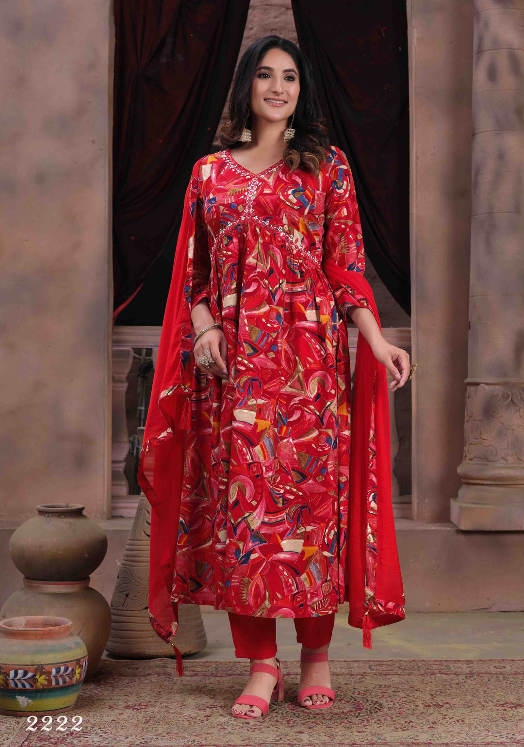 Premium Riyon Bandhani Red Printed Kurti Set for Women | Indian Ethnic Wear