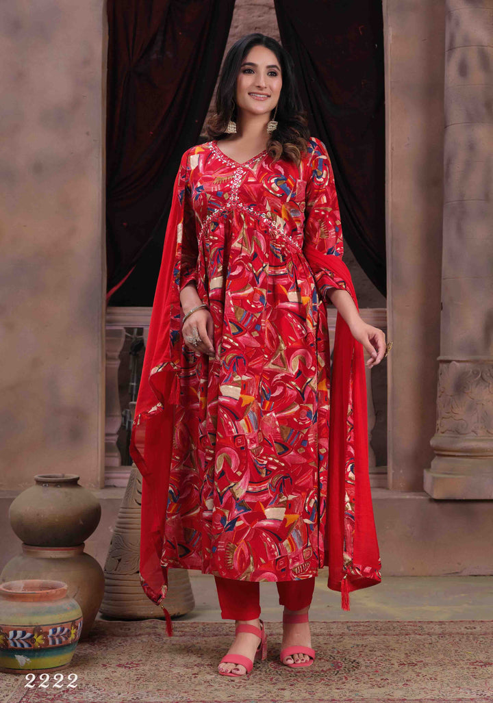 Premium Riyon Bandhani Red Printed Kurti Set for Women | Indian Ethnic Wear