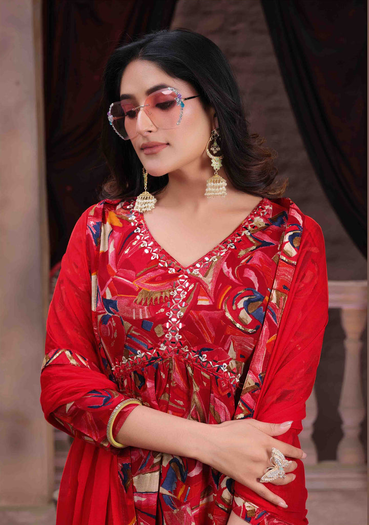 Premium Riyon Bandhani Red Printed Kurti Set for Women | Indian Ethnic Wear