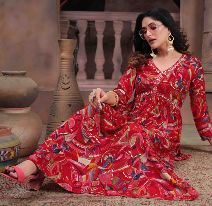 Premium Riyon Bandhani Red Printed Kurti Set for Women | Indian Ethnic Wear