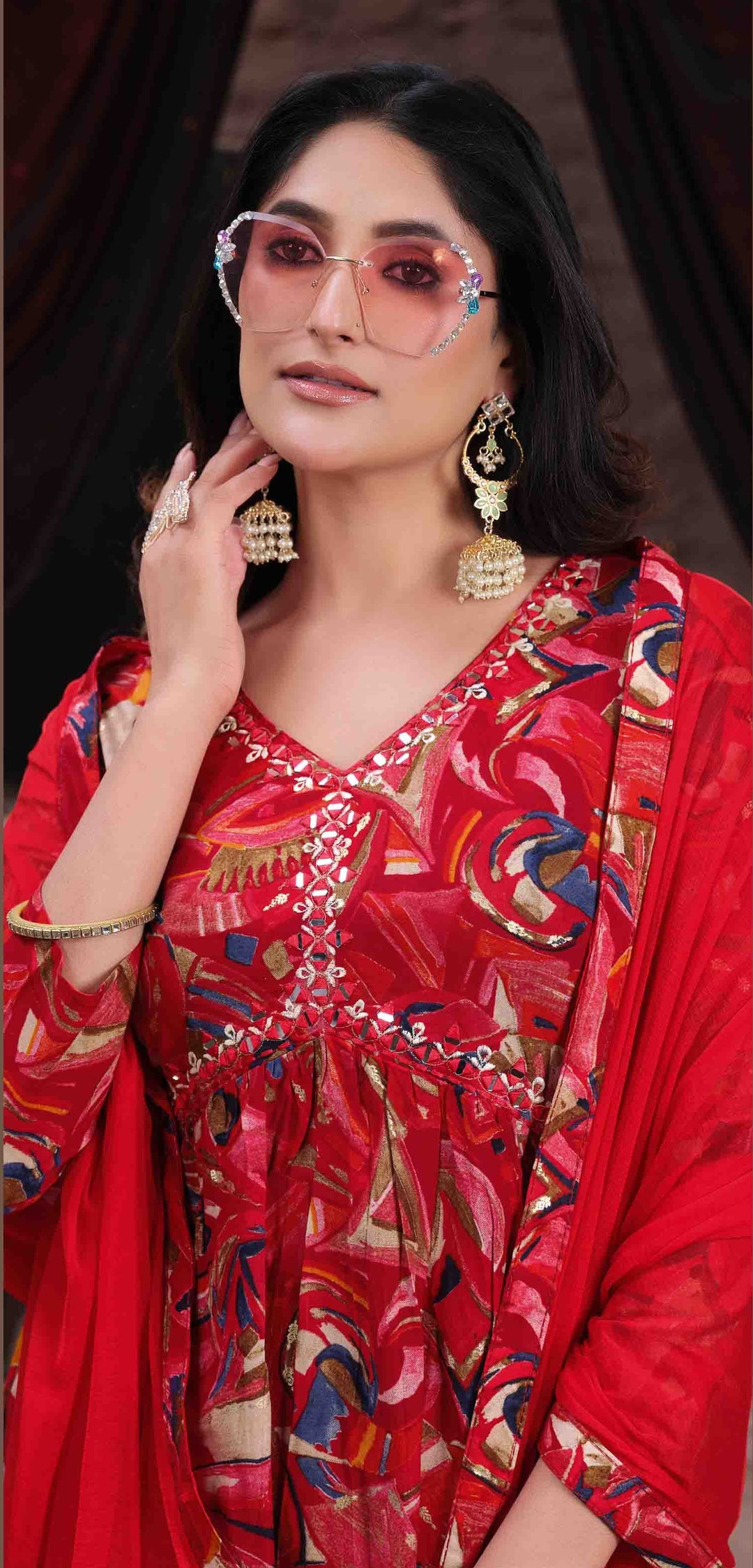 Premium Riyon Bandhani Red Printed Kurti Set for Women | Indian Ethnic Wear