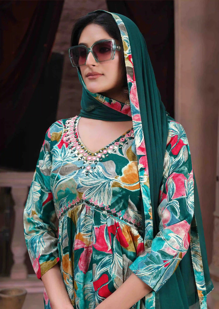 Mint Green Floral Printed A-Line Kurta & Trouser Set | Mirror Work Detail