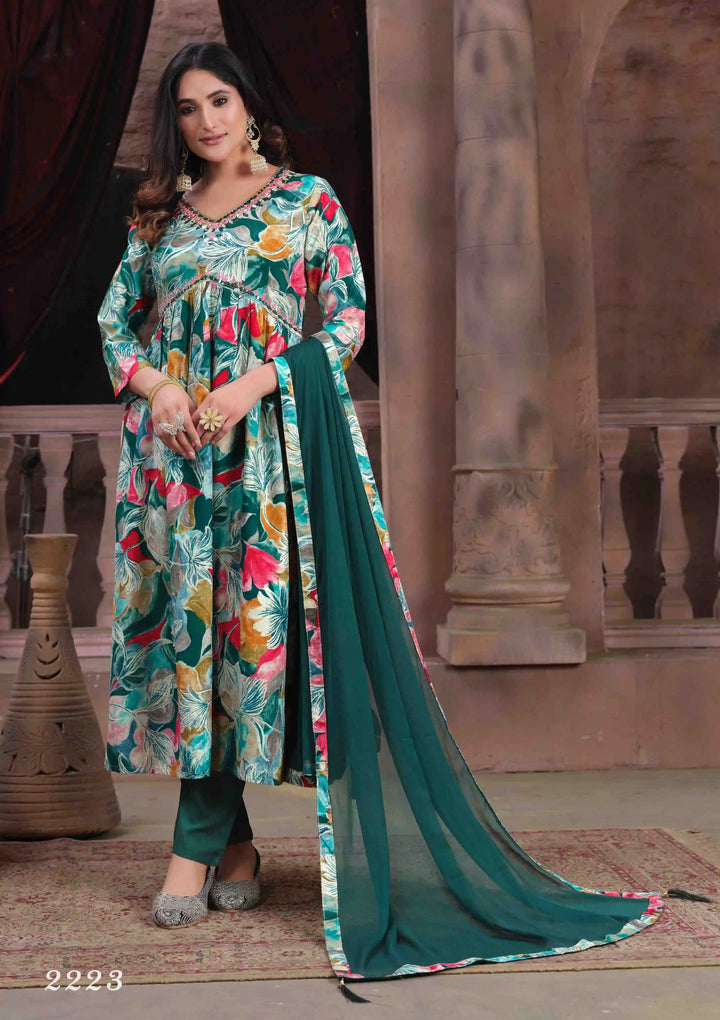 Mint Green Floral Printed A-Line Kurta & Trouser Set | Mirror Work Detail