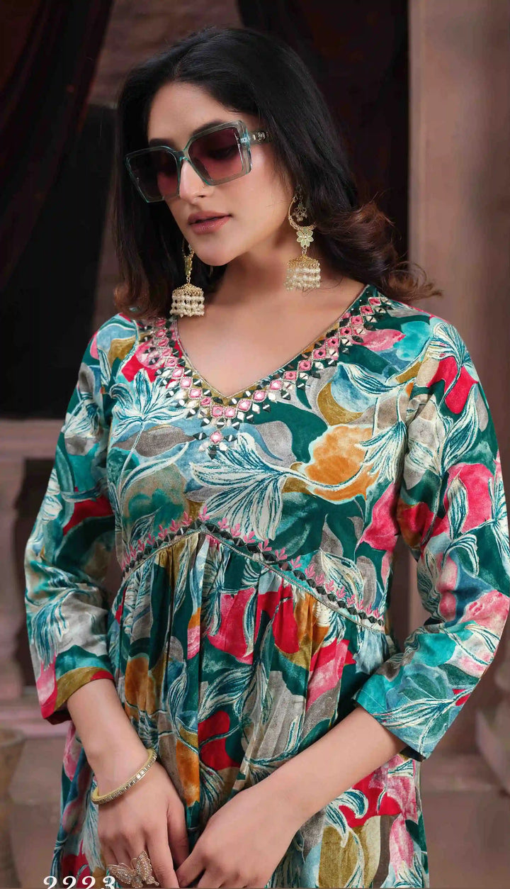 Mint Green Floral Printed A-Line Kurta & Trouser Set | Mirror Work Detail
