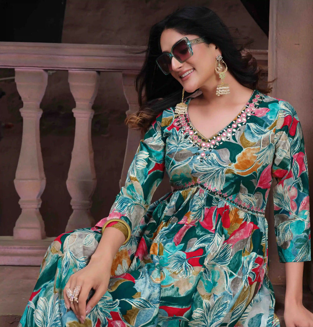Mint Green Floral Printed A-Line Kurta & Trouser Set | Mirror Work Detail