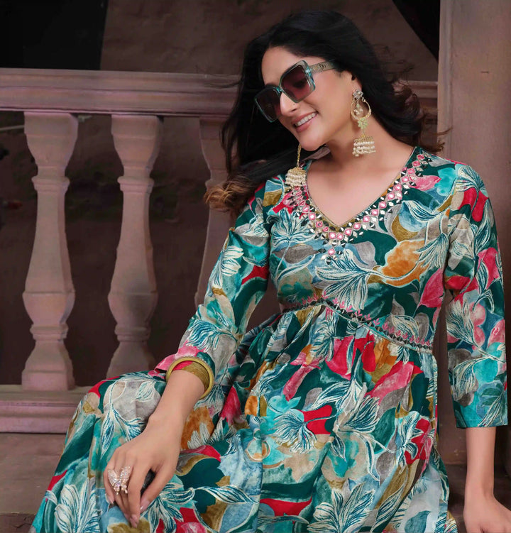 Mint Green Floral Printed A-Line Kurta & Trouser Set | Mirror Work Detail