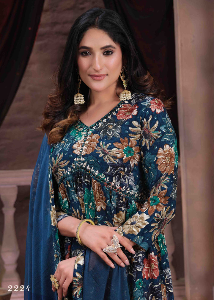 Teal Blue Floral Printed Straight Kurta with Trousers & Dupatta | Mirror Work V-Neck