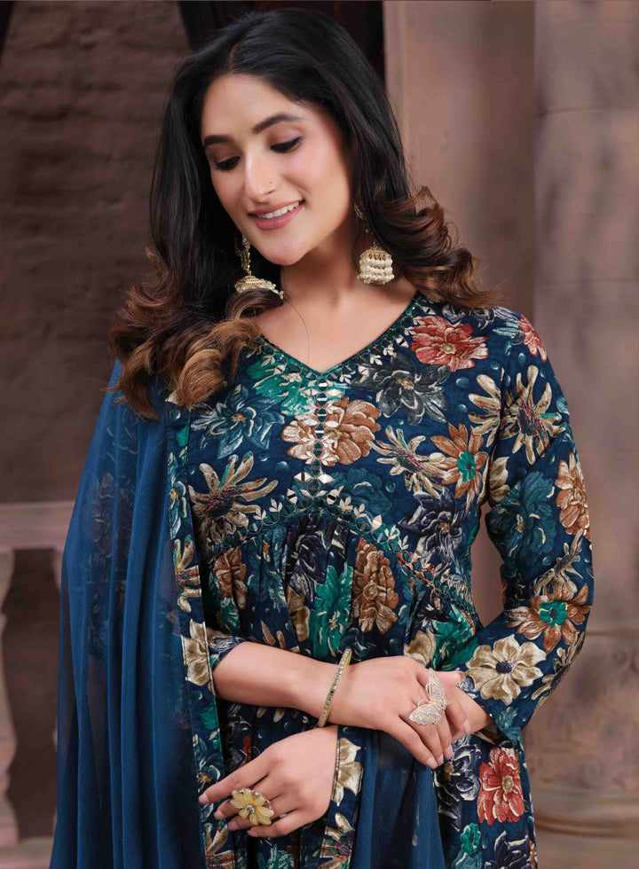 Teal Blue Floral Printed Straight Kurta with Trousers & Dupatta | Mirror Work V-Neck