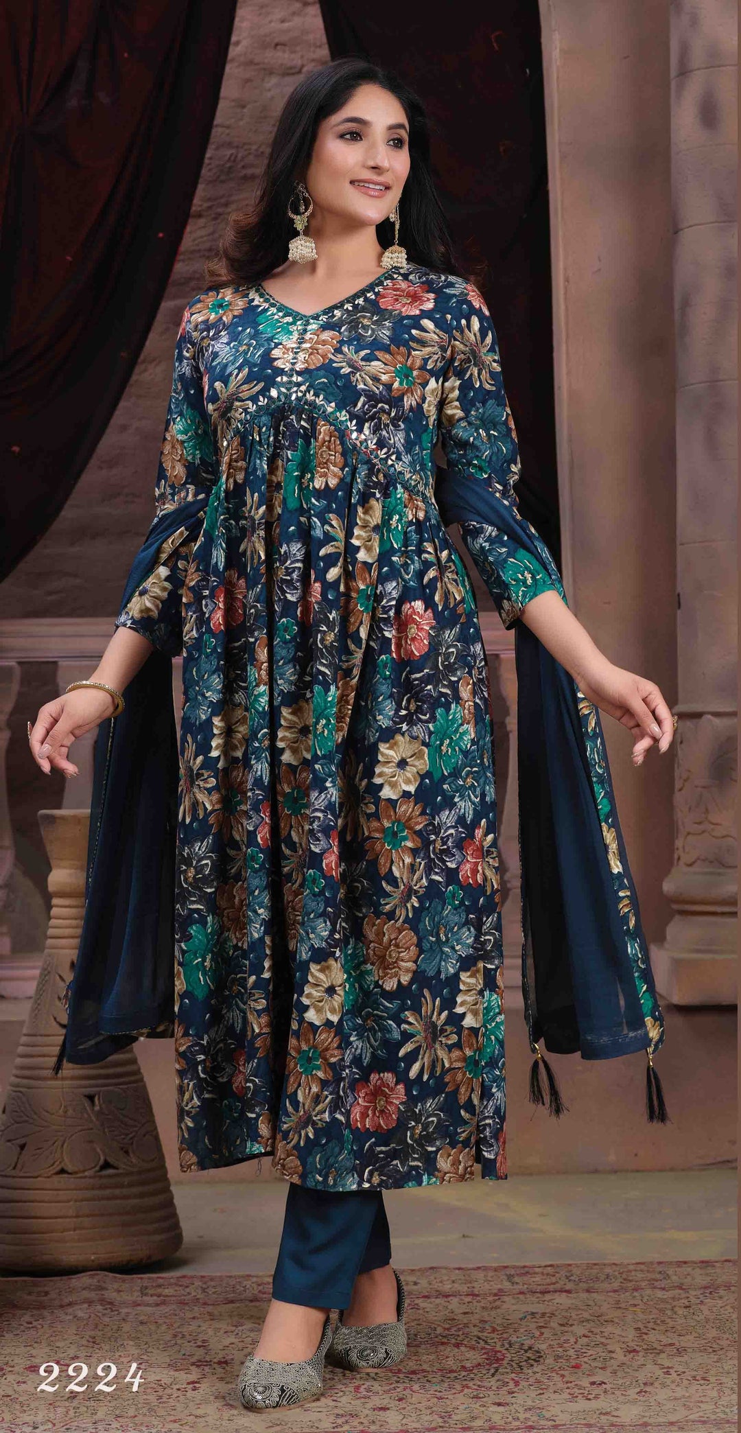 Teal Blue Floral Printed Straight Kurta with Trousers & Dupatta | Mirror Work V-Neck