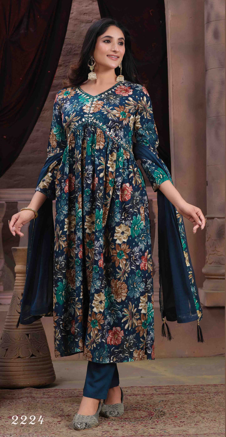 Teal Blue Floral Printed Straight Kurta with Trousers & Dupatta | Mirror Work V-Neck