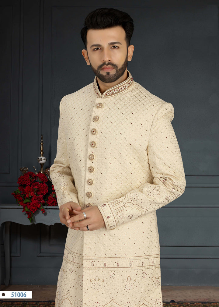 Stylish Men's Cream Sherwani | Traditional Embroidery with Dupion Silk