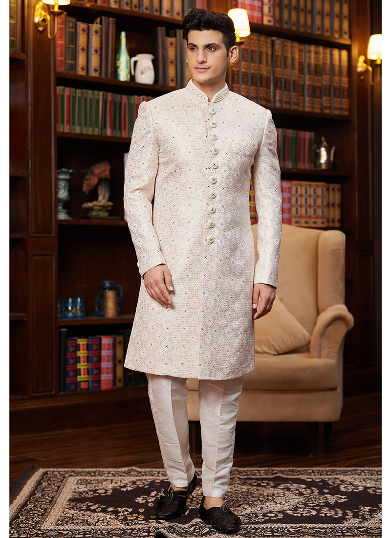 Wedding Sherwani for Men | Classic Jacquard Silk with Hand Work
