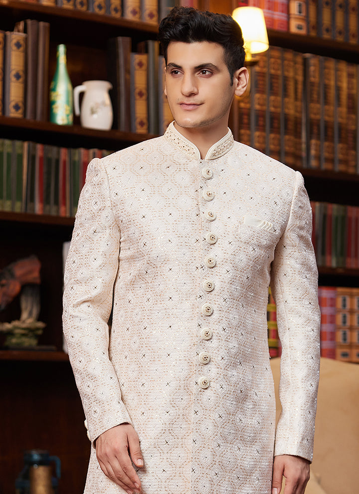 Wedding Sherwani for Men | Classic Jacquard Silk with Hand Work