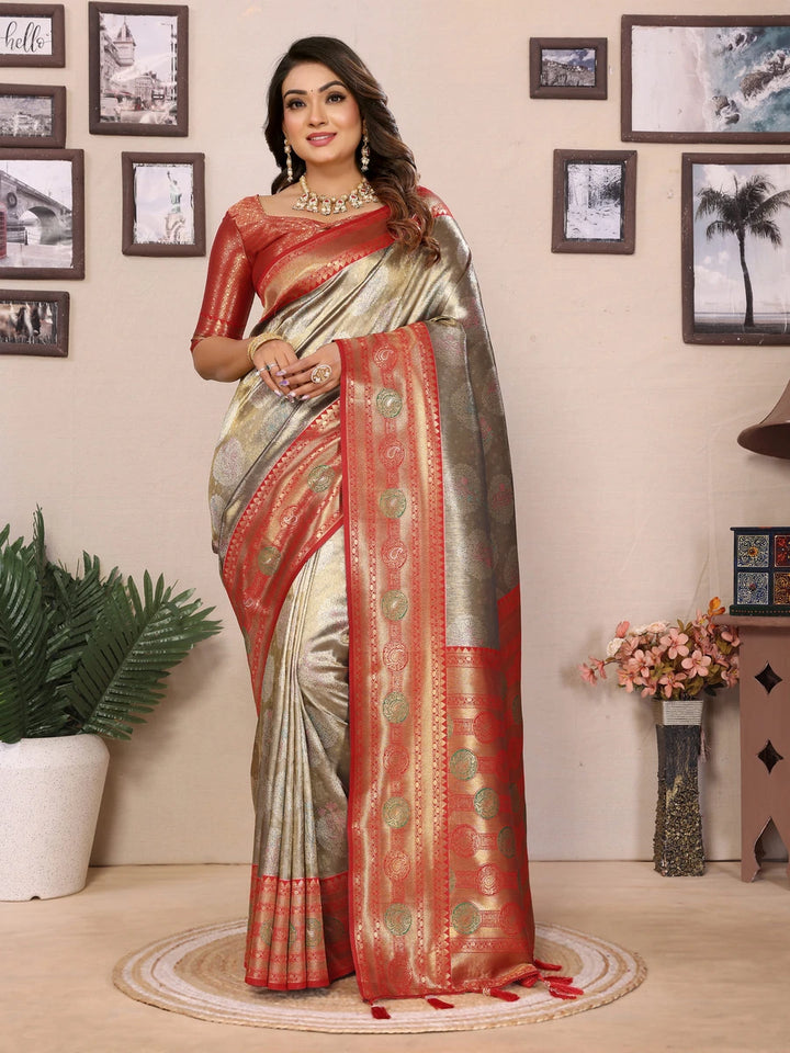 Gray Banarasi Tissue Silk Saree with Paithani Design
