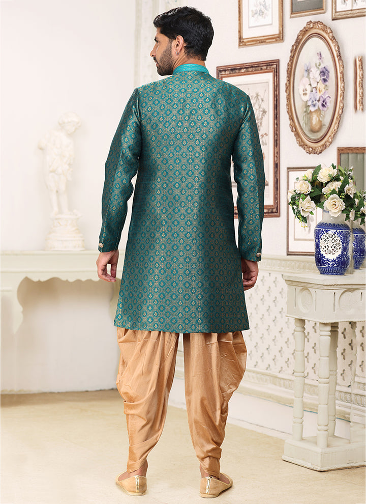 Designer Tael Green Jacquard Indo western Suit | Stylish Attire for Wedding