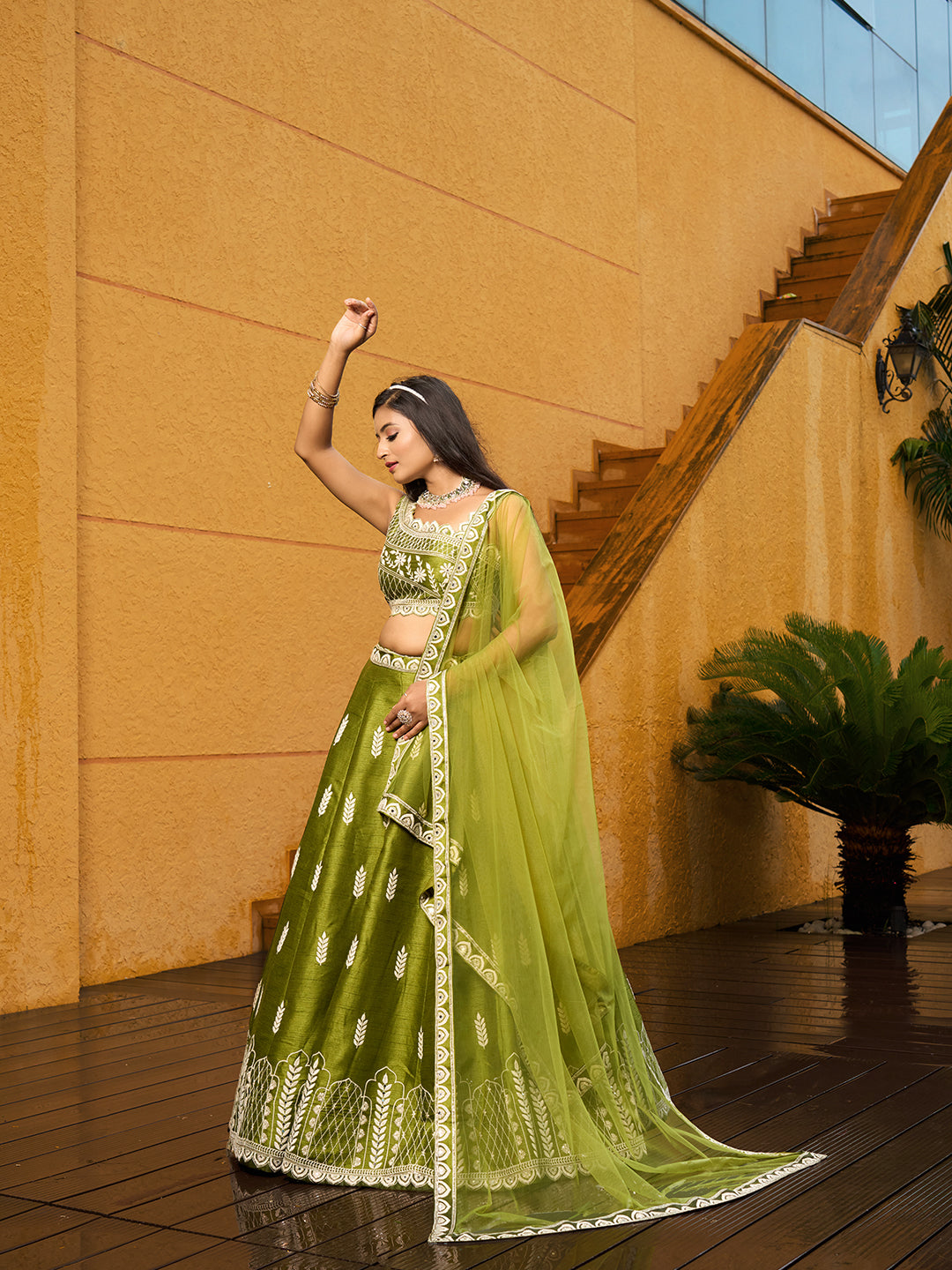 Green art silk lehenga with embroidered blouse