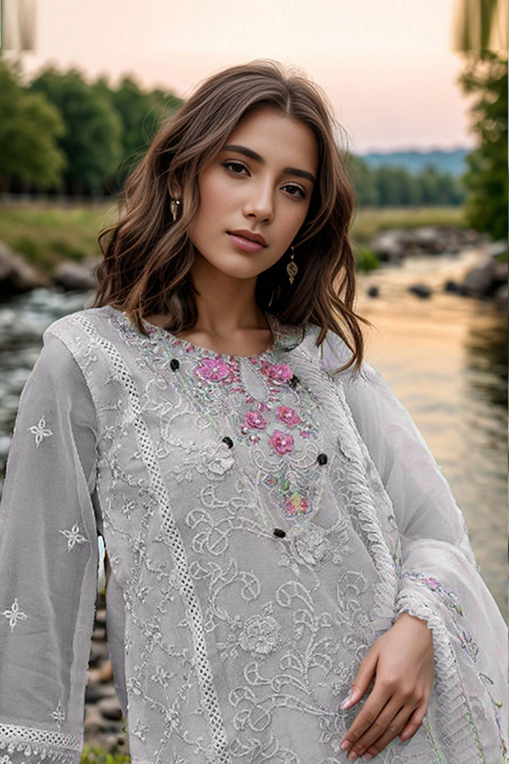 Elegant Light Gray Organza Salwar Kameez | Frill Work Dupatta for Festive