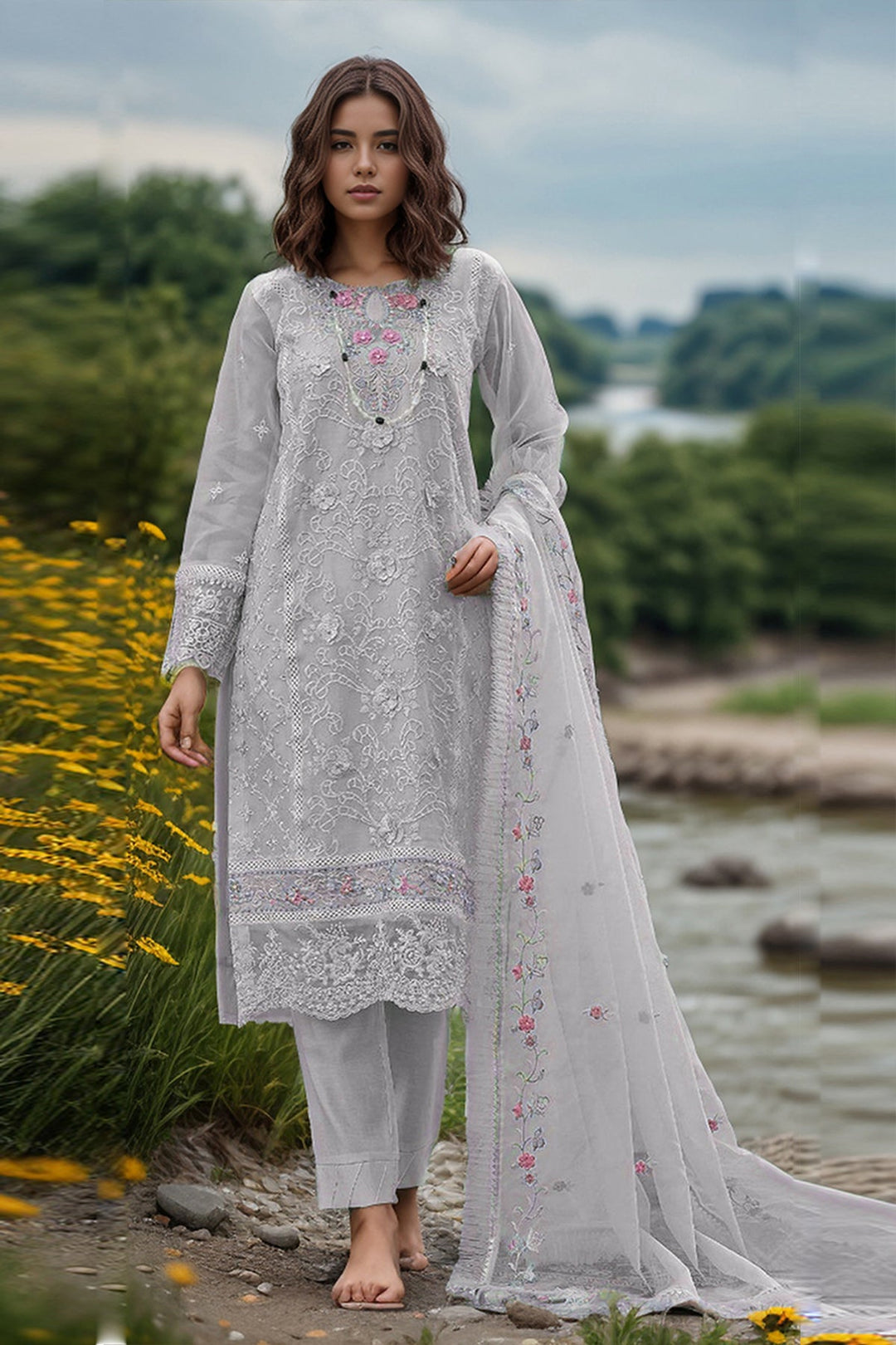 Elegant Light Gray Organza Salwar Kameez | Frill Work Dupatta for Festive