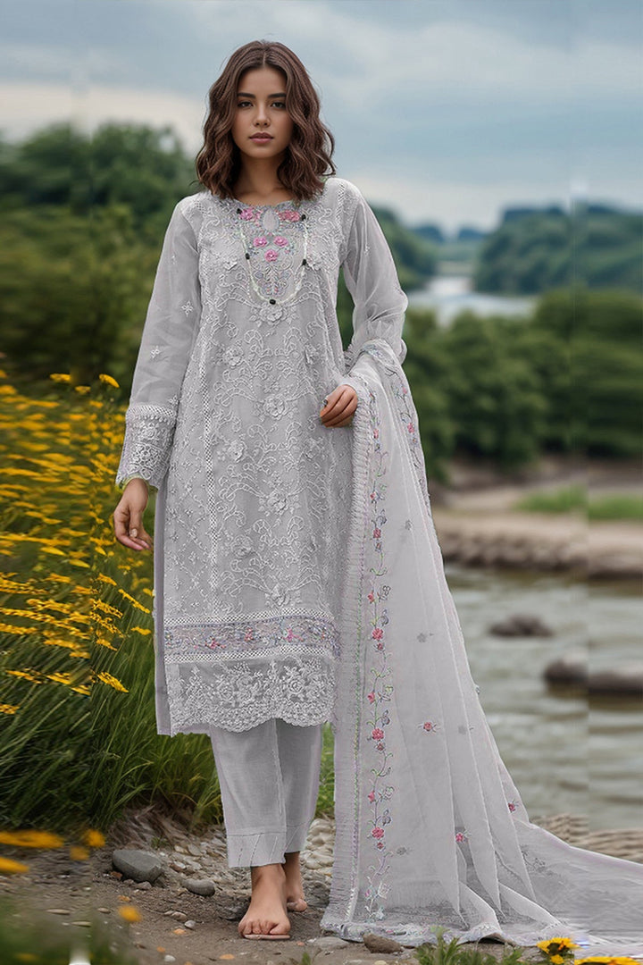 Elegant Light Gray Organza Salwar Kameez | Frill Work Dupatta for Festive