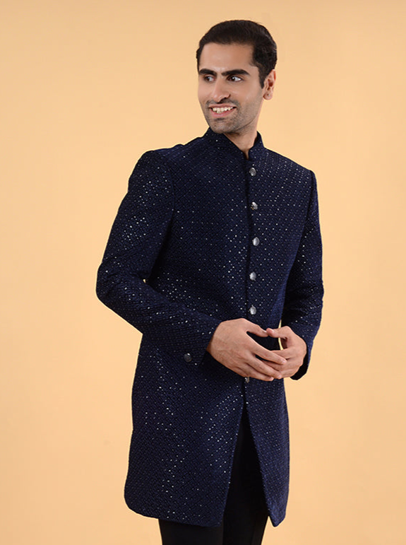 Blue Velvet Indo Western | Embroidered Thread Work