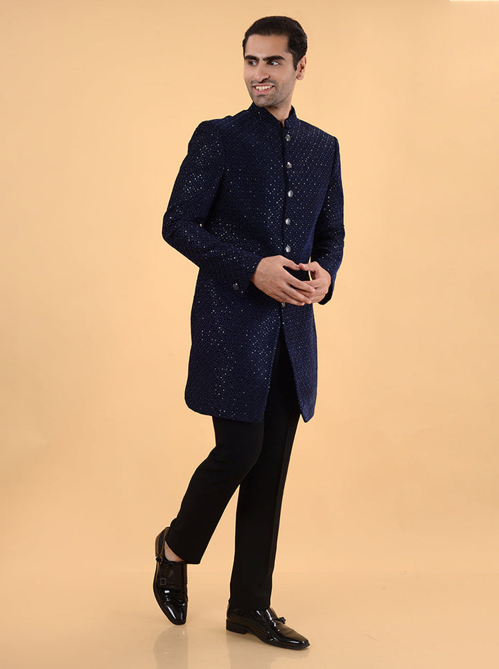 Velvet Blue Indo Western Outfit for Men | Sophisticated Attire