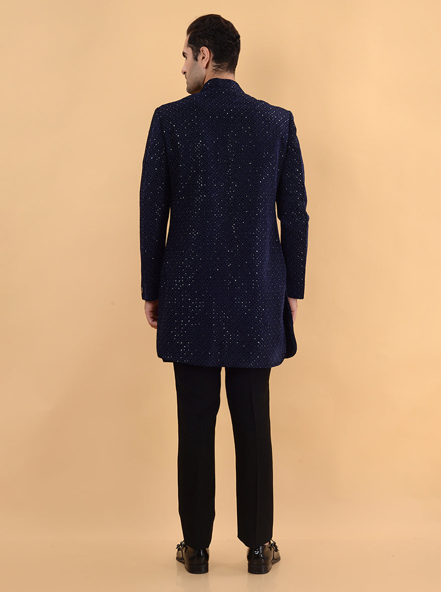 Men’s blue velvet embroidered Indo Western, ideal for sangeet wear