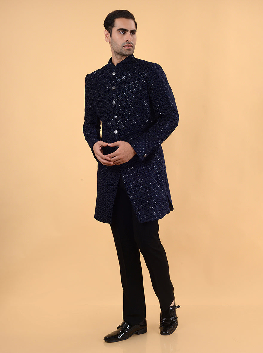 Velvet Blue Indo Western Outfit for Men | Sophisticated Attire