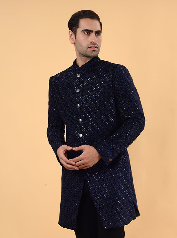 Velvet Blue Indo Western Outfit for Men | Sophisticated Attire