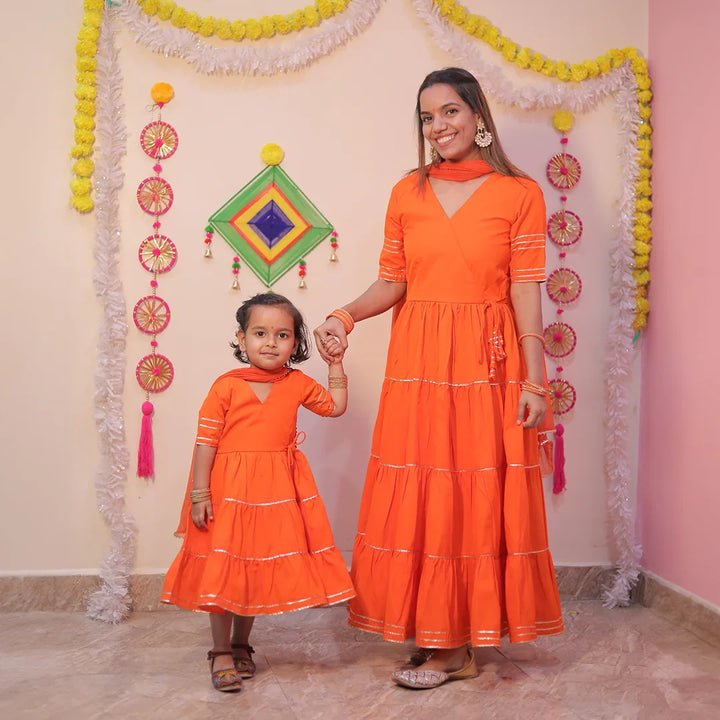 Orange Noor Angrakha Twin Set For Mom and Daughter