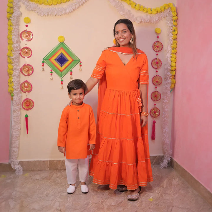 Orange Noor Angrakha Set With Matching Kurta Payjama Mother and Son Twin Set