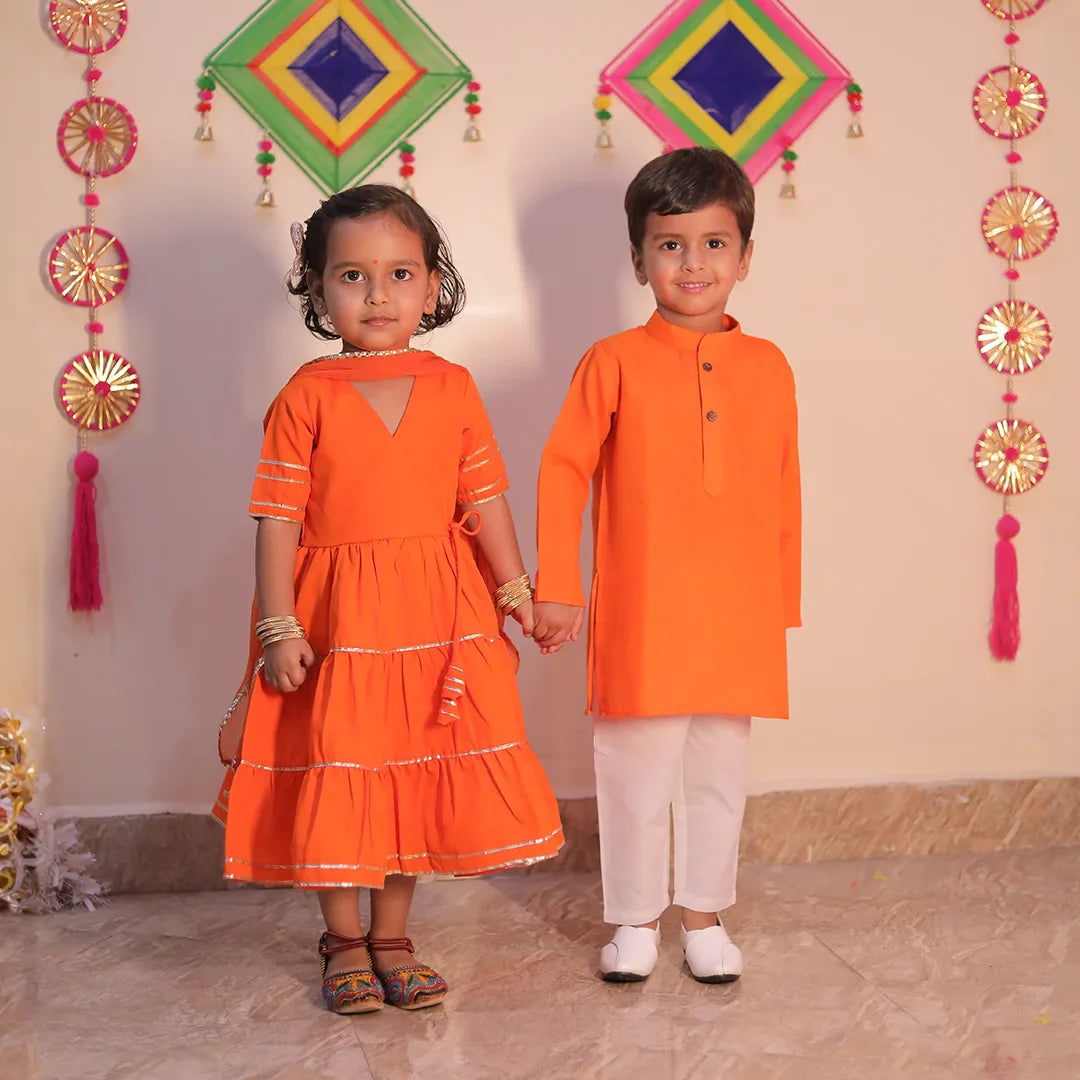 Orange Noor Angrakha Set With Matching Kurta & Pyjama for Brother-Sister Duo