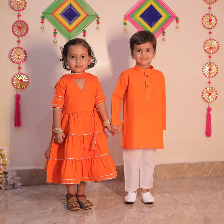 Orange Noor Angrakha Set With Matching Kurta & Pyjama for Brother-Sister Duo