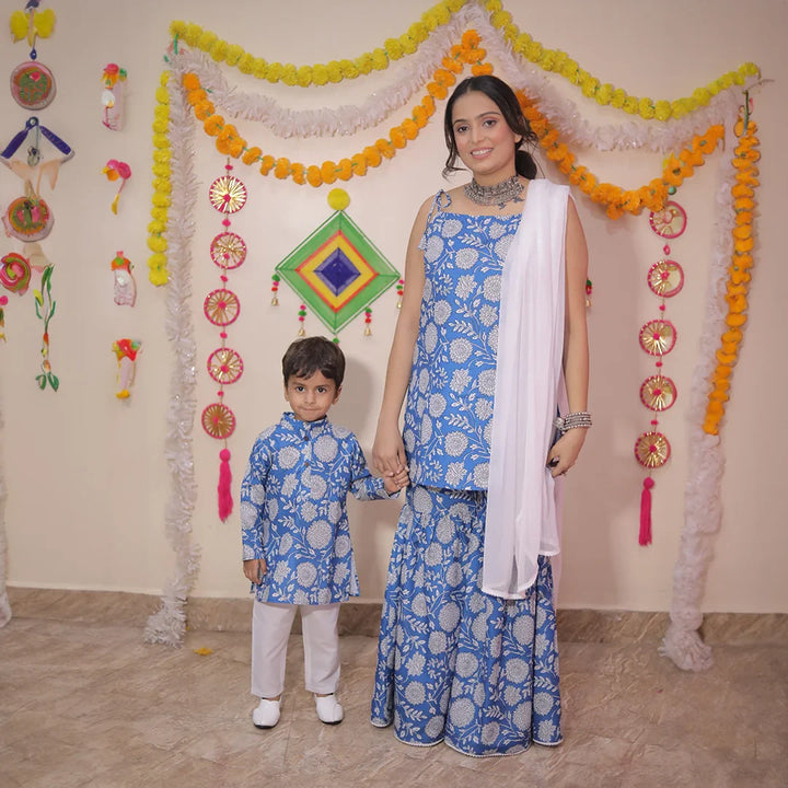 Blue Floral Cotton Suit Set With Matching Kurta Payjama Mother and Son Twin Set