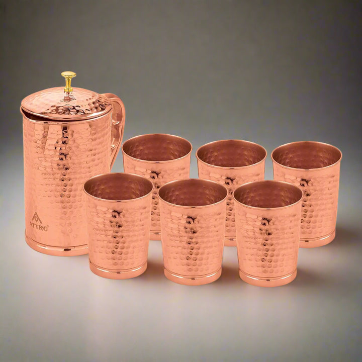 Attro Pure Copper Kumbh Jug 1.25L with Glass Set | Carving Finish