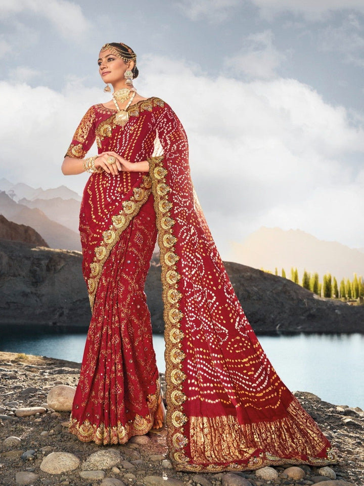 Shop Handcrafted Gajji Silk Saree with Mirrorwork in Red 