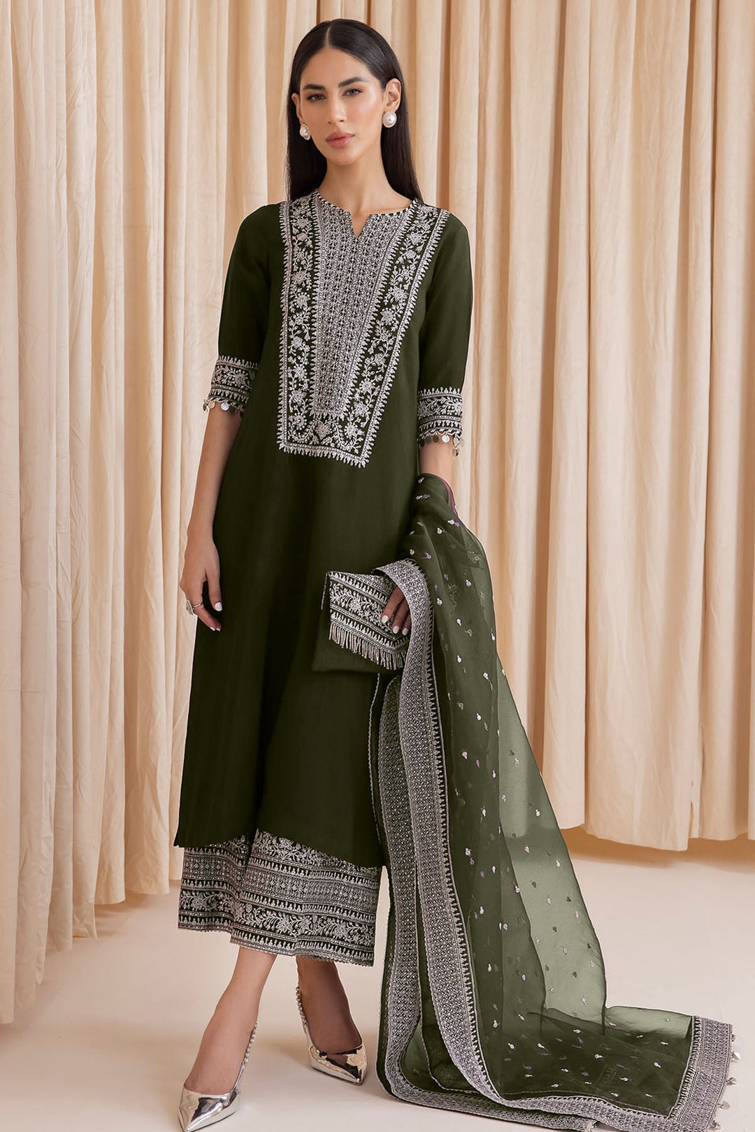 Mehendi Georgette Pakistani Salwar Kameez | Palazzo Style with Heavy Dupatta Work